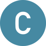 Keskussairaalan C-siiven symboli. Sinen ympyrä, jossa valkoinen C-kirjain