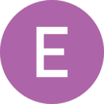 Keskussairaalan E- siiven symboli. Violetti ympyrä, jossa valkoinen E- kirjain.
