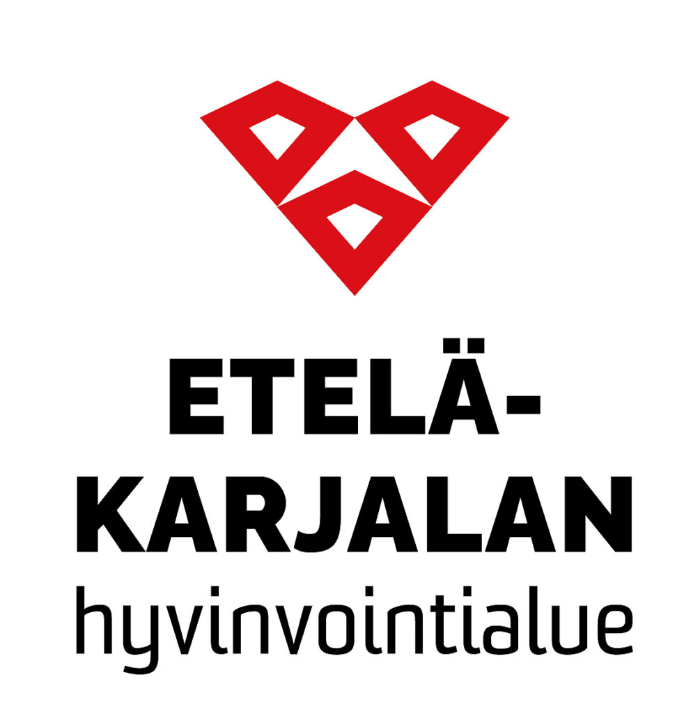 Etelä-Karjalan hyvinvointialueen logo, jossa on kolmesta päällekkäisestä kolmiosta muodostuva sydän ja teksti Etelä-Karjalan hyvinvointialue.