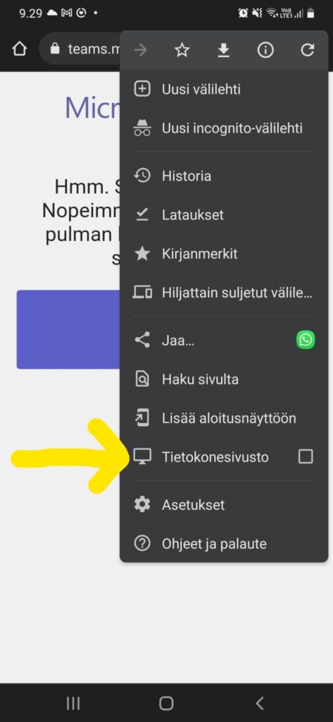 Kuvakaappaus kännykällä Teams live event -tapahtumaan liittymisen ongelmatilanteesta