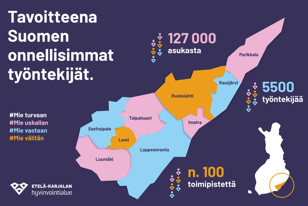 Värikäs karttakuva Etelä-Karjalan maakunnasta, tekstinä kuvassa Tavoitteena Suomen onnellisimmat työntekijät.