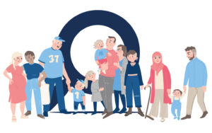Graafinen kuvituskuva Omaperheestä. Kuvassa Omaperheen logo + useampi piirroshahmo eri-ikäisiä ja taustaisia ihmisiä