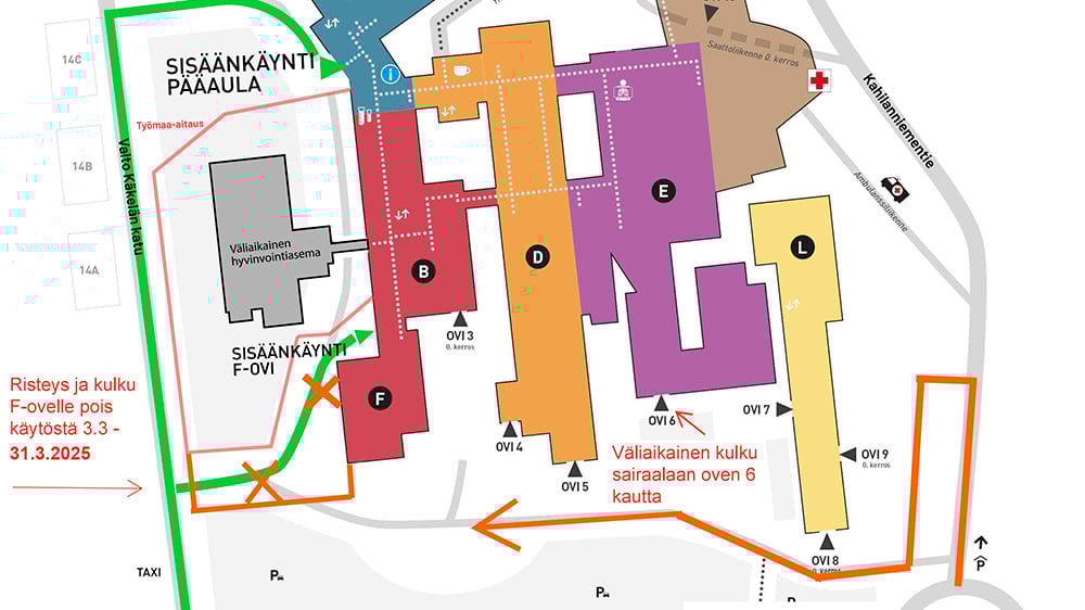 Piirretty karttakuva Etelä-Karjalan keskussairaalan alueesta. Karttaan on merkitty työmaa-alueeksi rajattu alue.
