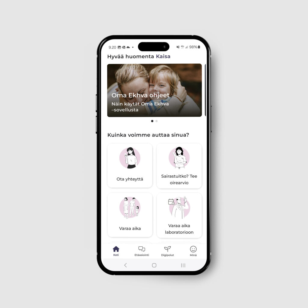 Matkapuhelin, johon avattuna Oma Ekhva -sovellus.