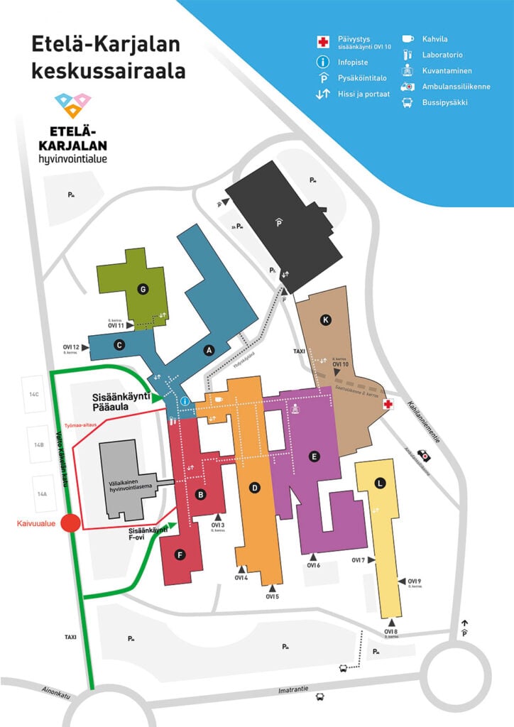 Karttakuva Etelä-Karjalan keskussairaalan alueesta. Karttaan on merkitty punaisella pisteellä viikon 20 kaivuualue.