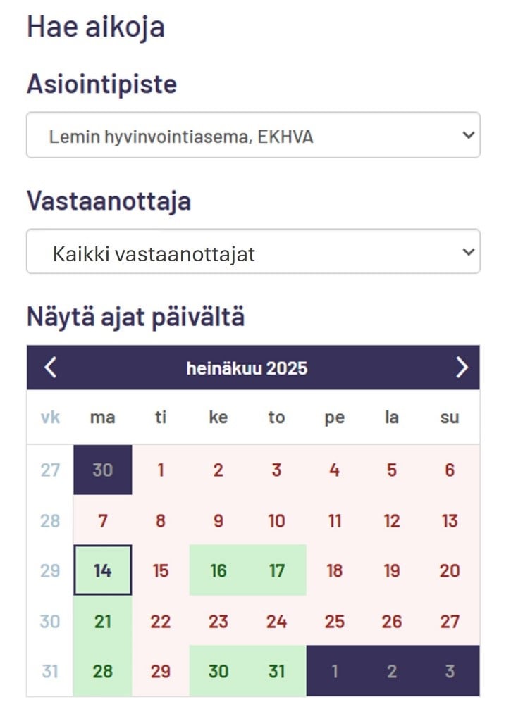 näyttöleike digitaalisen ajanvarauspalvelun näkymästä Oma Ekhvassa