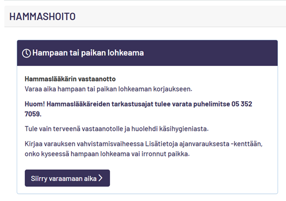 Kuvakaappaus Oma Ekhvan hammashoidon ajanvarauksen näkymästä.