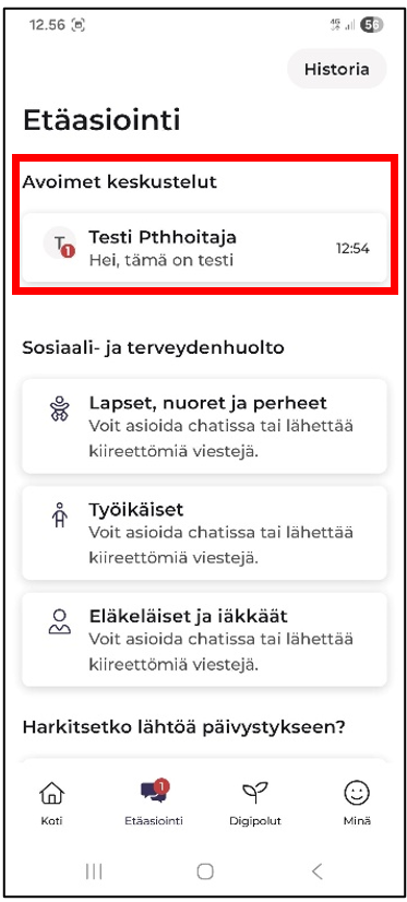 Oma Ekhva mobiilisovelluksen avoimet keskustelut-näkymä