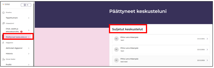 Päättyneet keskustelut-näkymä tietokoneella