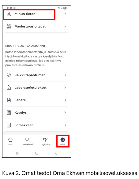 Omat tiedot mobiilisovelluksessa