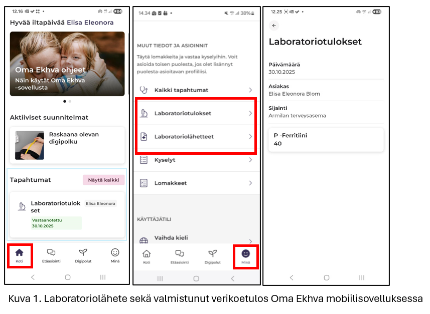 Laboratoriolähete sekä valmistunut verikoetulos Oma Ekhva mobiilisovelluksessa