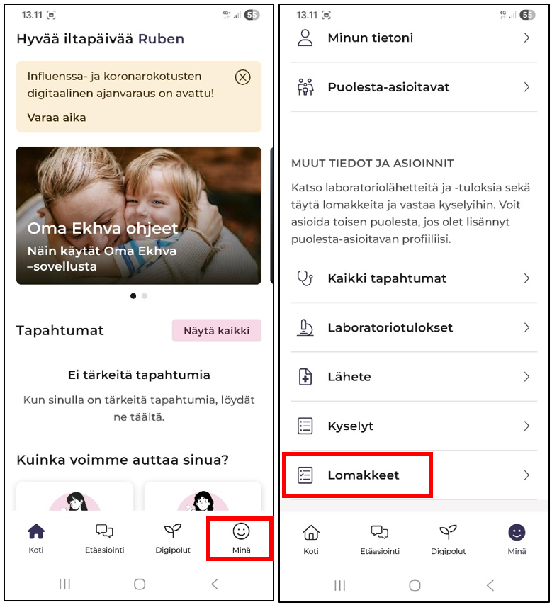 Lomakkeet näkymä mobiililaitteella