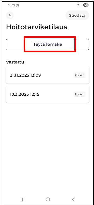 Täytä lomake-näkymä mobiililaitteella
