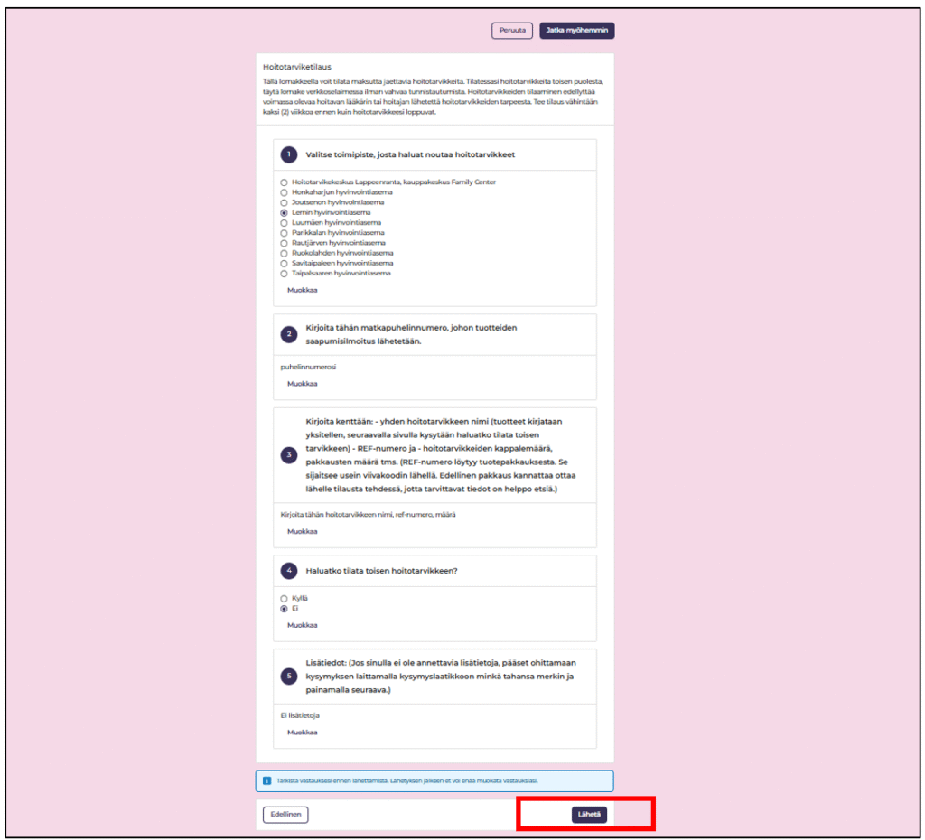Lähetä-näkymä lomaketta lähettäessä