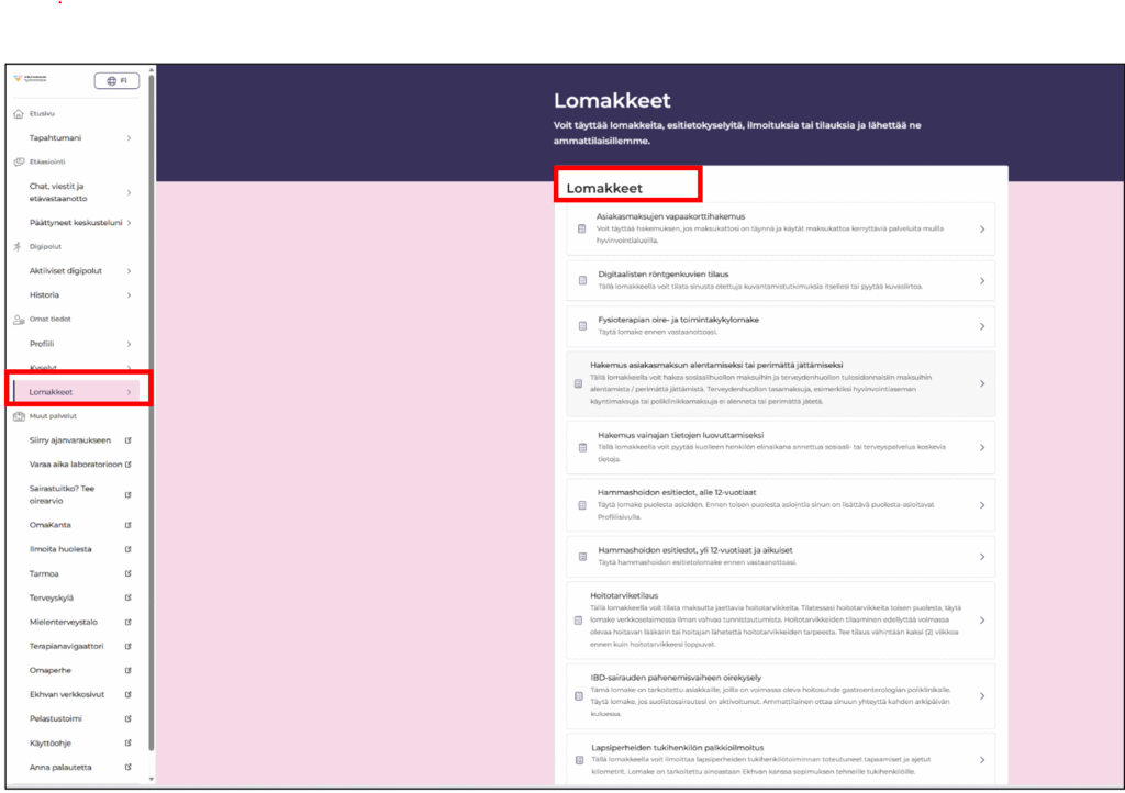 Lomakkeiden listanäkymä
