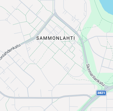 Kuvakaappaus karttakuvasta, jossa näkyy Sammonlahden alue Lappeenrannassa. Kuvassa ei näy katuosoitteita. 