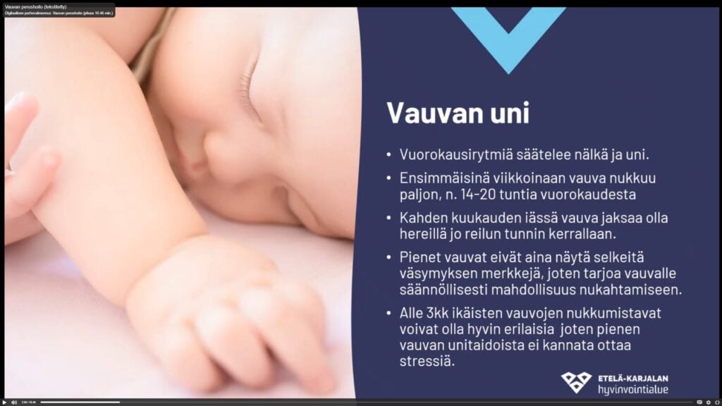 kuvassa pieni vaiva nukkuu ja tekstissä kerrotaan vauvan unesta - kuvakaappaus perhevalmennuksen materiaalista