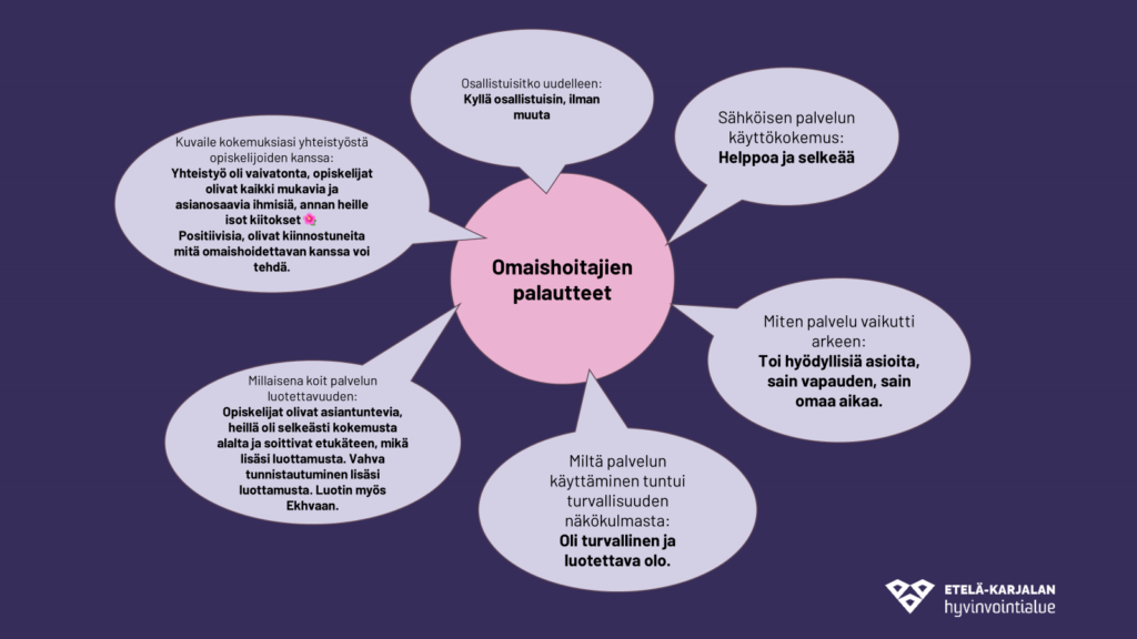 Omaishoitajien palautteita tekstin. Kuvassa 6 puhekuplaa.